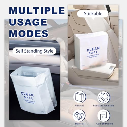 Image of 60 Pack Leakproof Disposable Car Garbage Bags, Stand Stick Dual-Use Car Trash Bags Disposable, Self-adhesive Large Capacity Garbage Bag for Car,Travel,Kitchen (60)