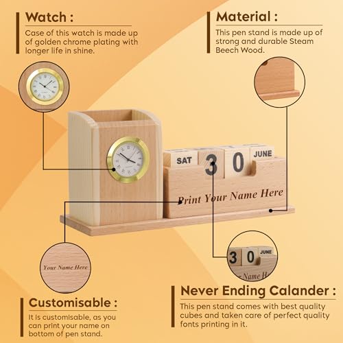 Image of SHIVOM CRAFTS Wooden Desk Organizer with Clock and Calendar, Pen Stand, Mobile Phone Holder with 2 Compartments for Home and Office - Customized, Personalized Gift, Get Your Name Printed