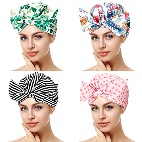 4 Pieces Shower Caps Waterproof Bowknot Bathing Caps Reusable Shower Cap Multi-functional Colorful Shower Cap for Women Girls, 10 x 10 x 6.5 Inch (Stripe, Palm Leaves, Dots, Red Palm Leaves)