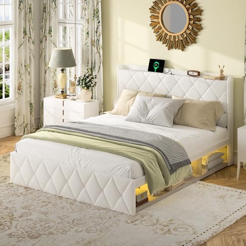 Lit Rembourré 140x200cm avec Chargeur USB Type-C et LED Musique, Cadre de Lit 2 Personnes en Tissu Polaire Teddy Blanc avec 6 Tiroirs de Rangement Latéraux,...