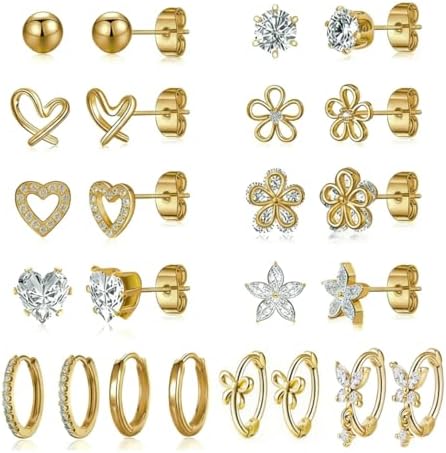 SANNIDHI® 12 Pairs Earrings Set for Women Gold Rhinestones Studs Flowers Hearts Butterfly Hoop Earring Hypoallergenic Stainless Steel Flat Back Earrings Cartilage Earring Combo for Multiple Piercing