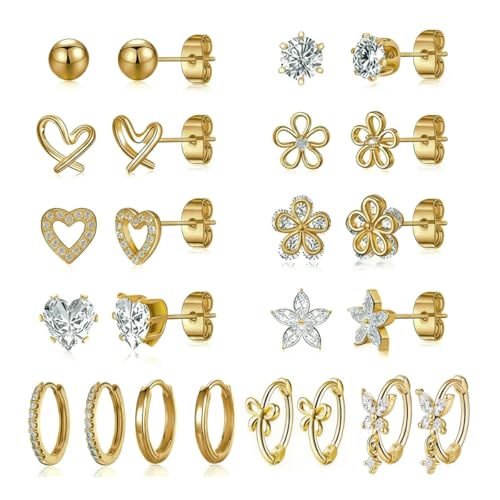 Image of SANNIDHI 12 Pairs Earrings Set for Women Gold Rhinestones Studs Flowers Hearts Butterfly Hoop Earring Hypoallergenic Stainless Steel Flat Back Earrings Cartilage Earring Combo for Multiple Piercing