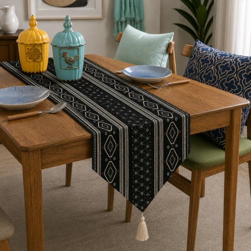 Image of STITCHNEST 'Nomad Weave Collection' Jacquard Table Runner 13x72 Inches| Tassel Finish | Modern Dining Table Decor