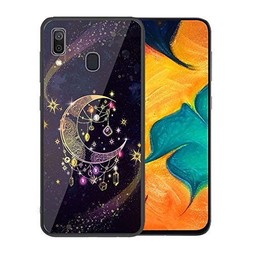 Urhause Tempered Glass Cover Compatible with Samsung Galaxy A20 Case Glossy Mirror Case Ultra Thin Starry Sky Hard Cover Moon Tempered Glass + Soft Silicone Skin Cover Bumper Anti-Scratch Cover