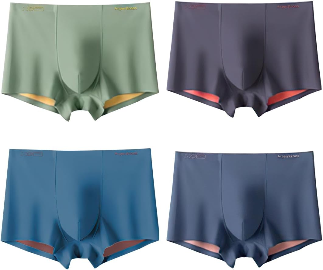 Arjen Kroos Men's Fashion Trunk Underwear 4 Pack Sexy Modal Ice Silky Boxer Briefs with Dual-Layer Color