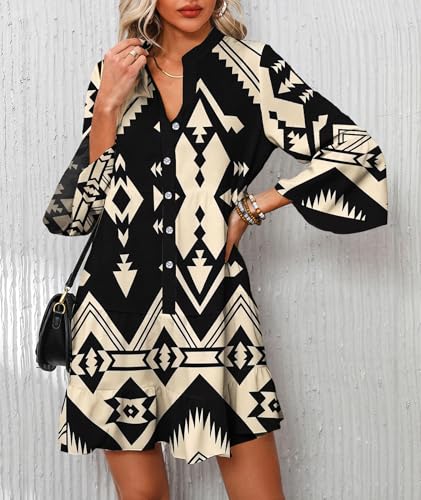 Image of Opemiby Summer Dresses for Women 2026 Flowy Ruffle 3 /4 Sleeve V Neck Tiered Casual Babydoll Boho Beach Mini Dress