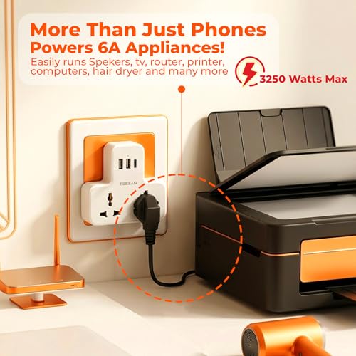 Image of TESSAN Universal Travel Adapter, 15W USB-C GaN Fast Charging, 2 AC Outlets, 2 USB-A Ports, Universal Socket, 3-Pin Plug, Surge Protection, Compatible with 6A Appliances, Space-Saving Design