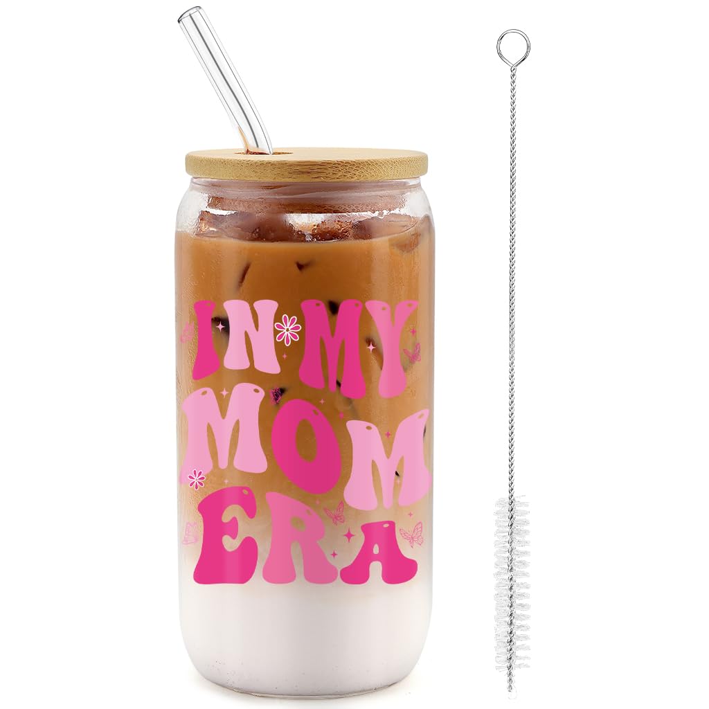 FIDWALL Iced Coffee Cup,16oz Glass Cups with Lids and Straws,Pink Letter Design Glass Coffee Cup with Lid,Thoughtful Mum Birthday Gifts,Unique Gifts for Mum