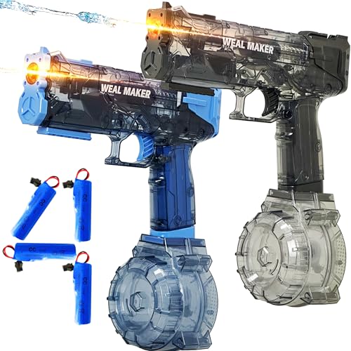 2 Pack Electric Water Guns with LED Light, Automatic Squirt Guns for Adults and Kids, Long Range up to 28FT, High Powered Water Blasters, Waterproof Summer Pool Beach (4 Rechargeable Batteries)