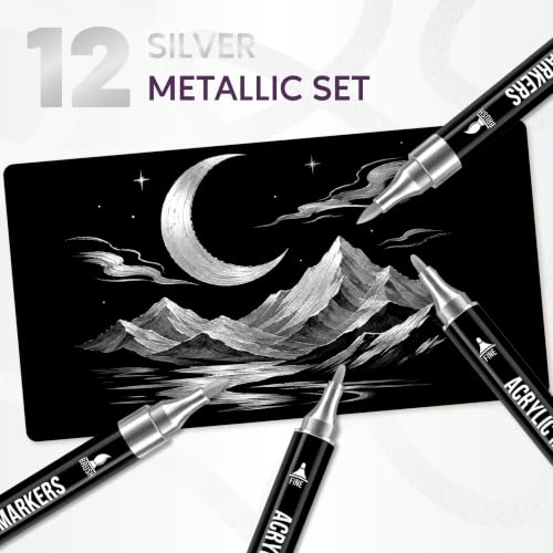 Image of Pagather Silver Acrylic Paint Markers, Dual Tip with Fine Tip and Brush Tip Pens for Fabric, Stone, Wood, Canvas, Ceramic, Metal, Glass, Rock Painting, DIY Crafts