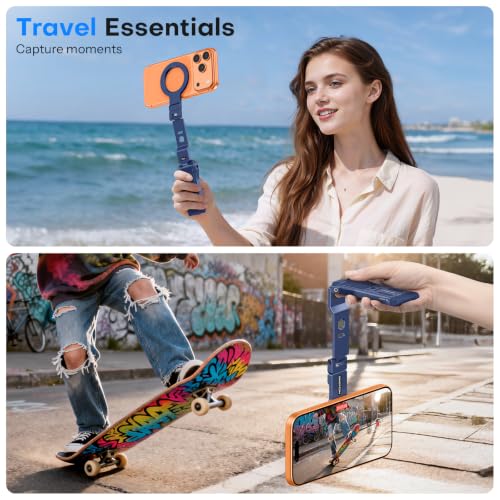 Image of OMOTON TP03 [Ultra-Slim] for MagSafe Tripod, 360 Rotating Magnetic Phone Tripod for iPhone 17 /16 Pro Max Air Women Men, Fold Cell Phone Stand with 1 /4 inch Screw & Hook Fits Vlog, Live, Travel, Blue