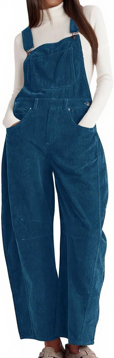 chouyatou Women's Fall Winter Corduroy Overalls Boyfriend Adjustable Strap Bib Jumpsuit Barrel Harem Pants