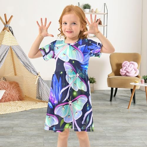 Glowing Luna Moths Butterfly Toddler Girls Dresses Kids Casual Clothes Short Sleeve Children 2t4