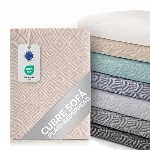 Textilhome Cubre Sofá Multiusos Funda Sofa y Cama, Manta Foulard Plaid Jarapa Colcha Cubrecama Protector Dante, 230x285 cm, Color Camel. Certificado Oeko Tex