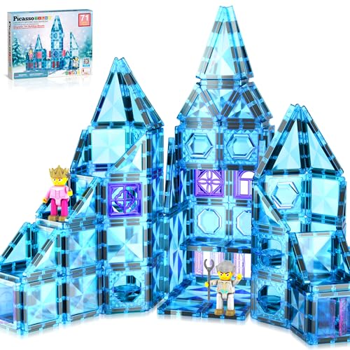 Image of PicassoTiles 71pc Mini Diamond Series Winter Ice Theme Magnetic Tile Building Blocks 2 Character Action Figures Travel Size On-the-Go Magnet Construction Toy Set STEM Development Kit Ages 3+ PTM71