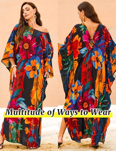 Image of MAKABO Kaftan Dresses for Women, V Neck Moo Moos Colorful Print Cover Ups Caftan Beach Dresses for Swimwear