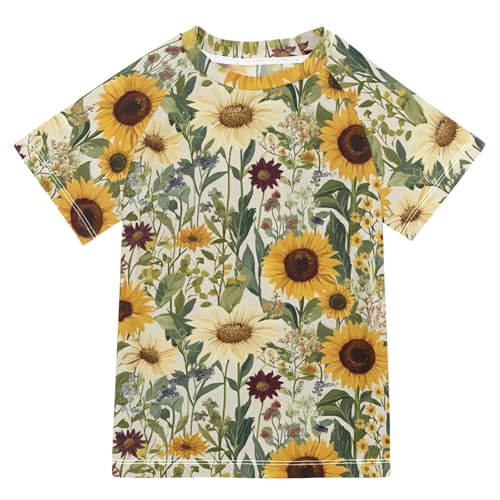 ALAZA Boys Swim Shirts Toddler Rash Guard Short Sleeve Rashguard Sunflowers Grass Print UPF 50+ 11-12T