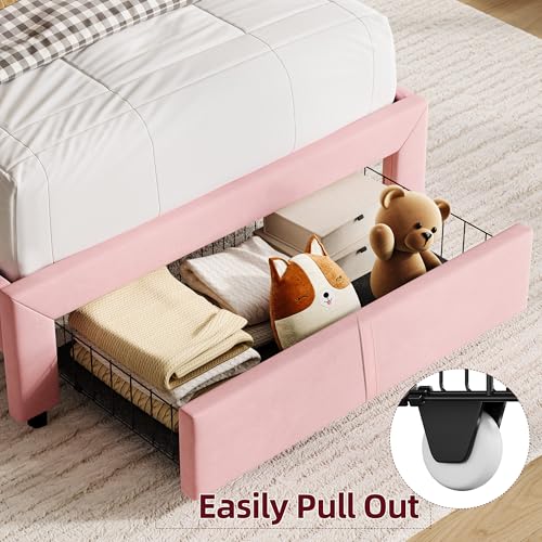 GarveeHome Twin Bed Frame with Drawer, Girls Bed, Velvet Upholstered Platform BedFrame with Storage Headboard for Kids, No Box Spring Needed, Easy Assembly, Noise-Free, Light Pink