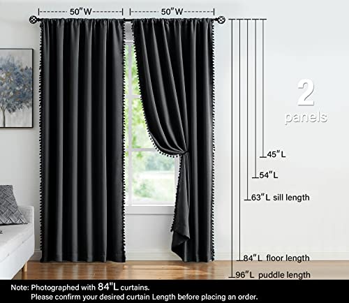 Image of Treatmentex Pom Pom Blackout Curtains Black 45 inch Half Window Curtain Set for Small Window Basement Laundry Short Drapes 2Panels Rod Pocket