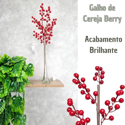 Kit 3 Galhos de Azevinho Cereja Berry Artificial, Decoração de Natal, Folhagem natalina, arranjo de