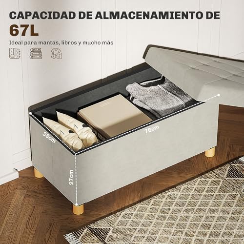 HOMCOM Puff Almacenaje, Banco Almacenaje Plegable, Capacidad de 67 L, 76x38x38 cm, Tapizado en Terciopelo, Baúl de Almacenamiento Dormitorio, Carga 120 kg, para Sala de Estar, Entrada, Crema - imagen 4