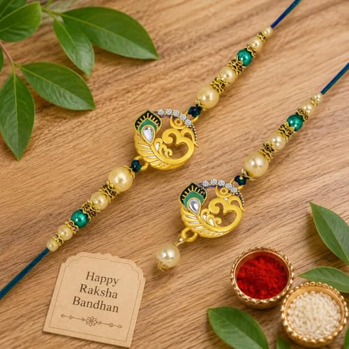 Image of Riddhika Ventures Glorious Gold Plated Religious Diamond Ring Rakhi || Traditional Rakhi Set of 2 & Festive Gift || Rakhi Gift Combo for Bhaiya Bhabhi