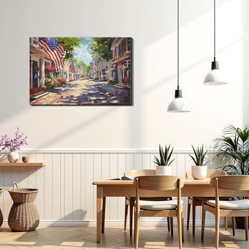 Image of Framed Patriotic Small Town USA Wall Art, American Flag Street Canvas Art Pictures, Vintage Main Street Wall Decor for Living Room Entryway Dining Room, Ready to Hang Made in USA