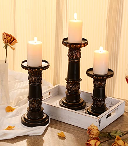 Roylvan Candle Holder, Set Of 3 Traditional Pillar Candlestick Holder Retro Candle Holder Set Decor For Home Table Centerpiece Dinning Room Mantle Beadroom Wedding Gift Birthday Farmhouse, Black Gold #TOP6