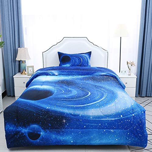 Uxcell Twin Comforter Set Galaxy White Blue For Twin Bed -3D Outer Space Themed Bedding- All-Season Down Alternative Quilted Duvet - Reversible Design- Includes 1 Comforter, 1 Pillowcase #TOP1
