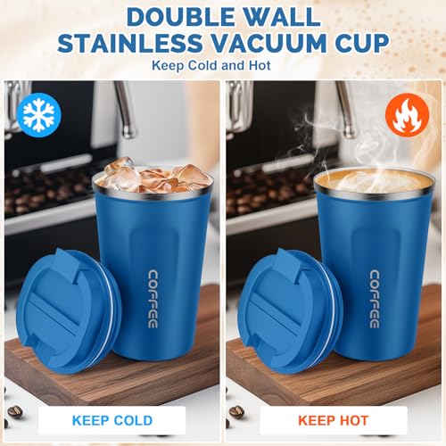 MOMSIV Coffee Cup, 380ml Vacuum Reusable Leakproof Double Wall Coffee Cup, Insulation Stainless Steel Eco-Friendly Travel Office Mug for Hot Coffee Tea and Cold Drinks (Diamond Blue) - Image 2