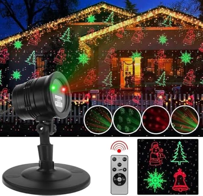 Christmas Projector Lights Outdoor Holiday Laser Lights Landscape Spotlight Red and Green Star Shower with 360 Accessibility Wireless Remote Christmas Decor for Xmas Party Outdoor Garden Patio Wall
