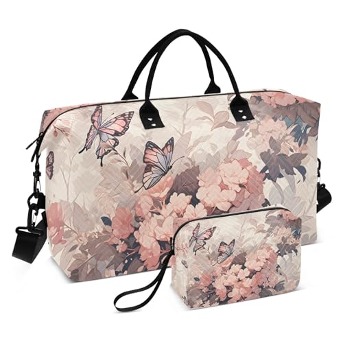 Large Travel Duffel Bag, Floral and Butterfly Sports Tote Gym Bag, Shoulder Weekender Overnight Bag for Women Men, Carry On Luggage with Toiletry Bags