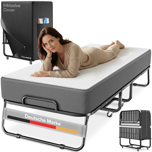 ELONEO Klappbett 90x200 cm inkl. Premium Matratze | Gästebett klappbar, belastbar bis 250kg | faltbares Reisebett mit Metallrahmen und Transportrollen | Schrankbett inkl. Schutzhülle