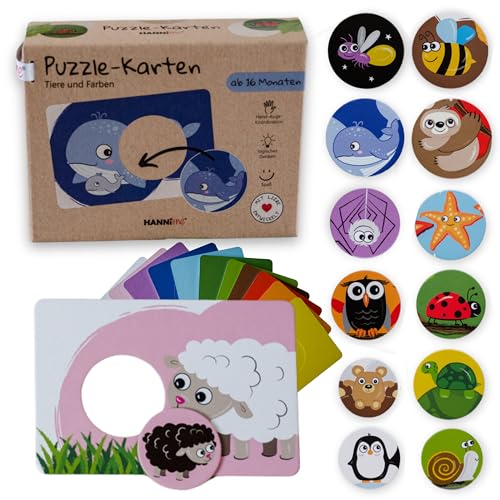 HANNIline® Puzzle-Karten [Made in EU] 13 Karten 26 Elemente Tiere und Farben ab 16 Monaten Puzzle + Steckspiel Verpackung mit Schlaufe – Lernspiel Logisches Denken Hand-Auge-Koordination