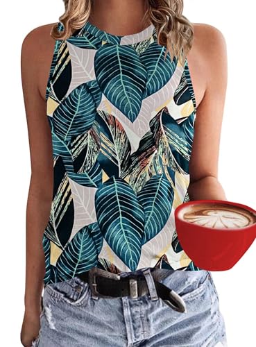 WNEEDU Donna Canotta Girocollo Magliette Estive Senza Maniche Tank Top Estate Camicia Tops Casual(Stampa Foglia,M)