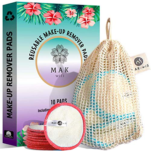Reusable Makeup Remover Pads, Pack of 10 Washable Bamboo Cotton Rounds with Cotton Laundry Bag, Face Cleaner Facial Pads and Eye Make Up Removers for (Blue)