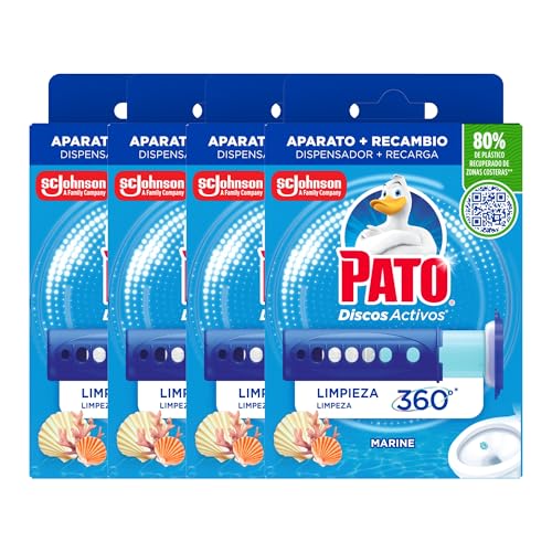Pato Discos Activos WC Marino, Limpia Baño, Eficacia 360°, Perfume y Frescor Hasta 6 Semanas, Pack de 4 Aparatos + 4 Recambios