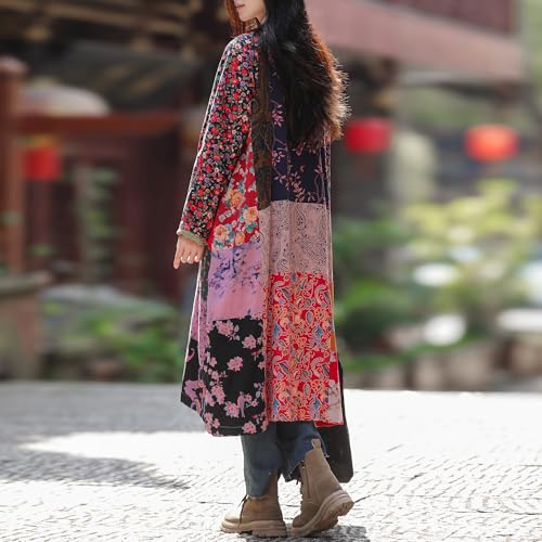Women’s Flower Patchwork Coat Cotton Linen Trench Coat Women Jacket Vintage Boho Long Overcoat with Pockets3