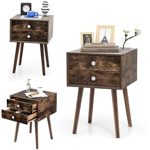 RELAX4LIFE Mesita de noche con 2 cajones, mesa auxiliar de madera y MDF con pie de madera maciza, ideal para dormitorio, sala de estar, oficina, 40,5 x 40,5 x 60 cm (marrón oscuro | style2)