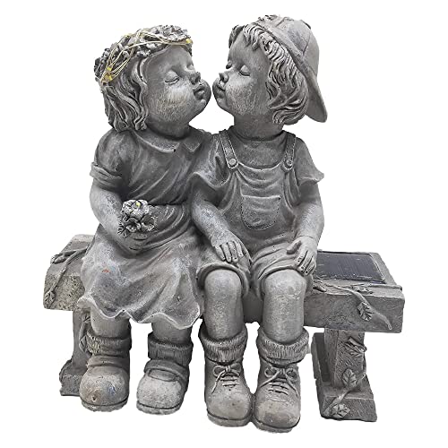 Stone Effect Kissing Kids on Bench 21cm Resin Garden Ornament, Boy and Girl Garden Ornaments Outdoor