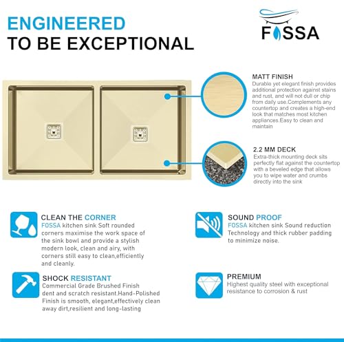 Image of Fossa 45x20x10 Inch Handmade Double Bowl Kitchen Sink | Premium Stainless Steel Sink with Waste Coupling, PVC Waste Pipe & Fruit Basket | Extra-Deep, Heavy-Duty, Rust-Resistant Gold (Matte Finish)