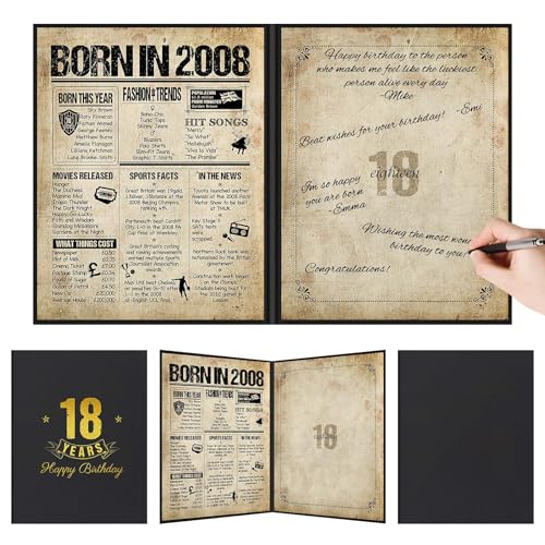 Benjia Decorazione per il 18° compleanno, biglietto di auguri regalo per ragazzi e ragazze, poster con scritta 'Born in 2008' UK, libro degli ospiti, 18 anni, decorazione vintage per festa di