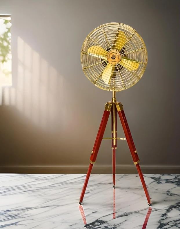 Fan Electric Corded Handmade Brass Antique Vintage Style Pedestal Fan with Wooden Adjustable Tripod Stand Retro Design, Unique Collectible, Functional Home Decor Vintage Reproduction