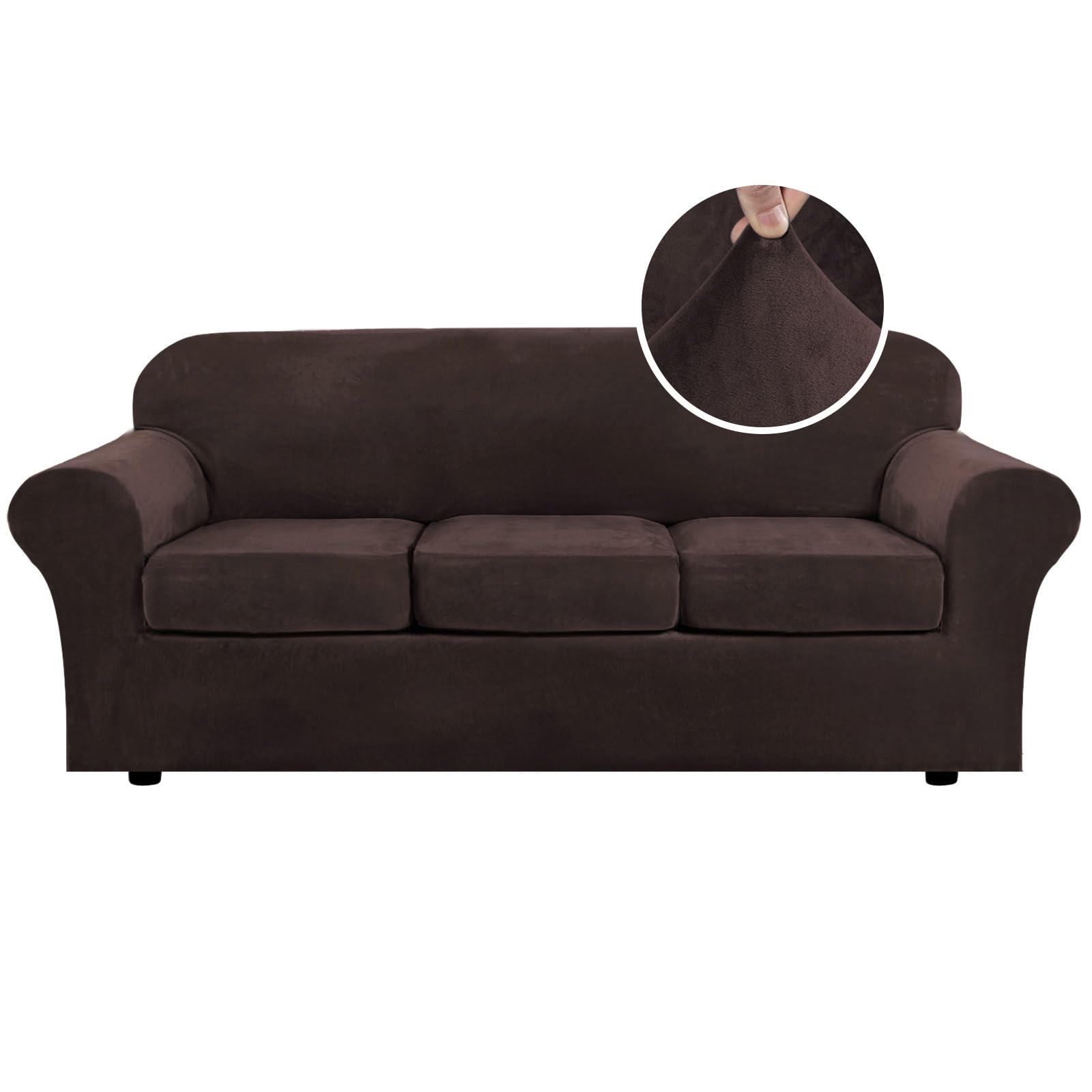 H.VERSAILTEX Modern Velvet Plush 4 Piece High Stretch Sofa Slipcover Sofa Cover Furniture Protector Form Fit Luxury Thick Velvet Sofa Cover for 3 Cushion Couch Width Up to 90 Inch (Sofa,Brown)OEKO-TEX STANDARD 100