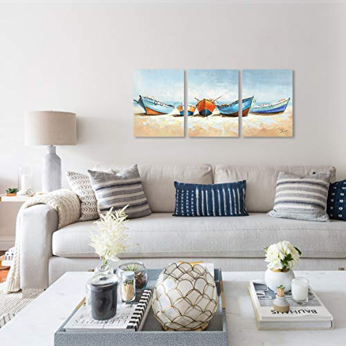 B BLINGBLING Boat Canvas Wall Art: Colorful Wooden Fishing Boat on The Sand Beach Bathroom Picture Wall Decor Framed and Ready to Hang (12"x16"x3 Panels) - Image 4