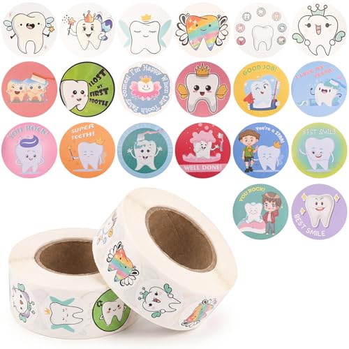 1000PCS Dental Stickers 1 inch Tooth Stickers for Kids Children Teeth Fairy Reward Schools Teachers Gift Round Cute Decals (Color + White)