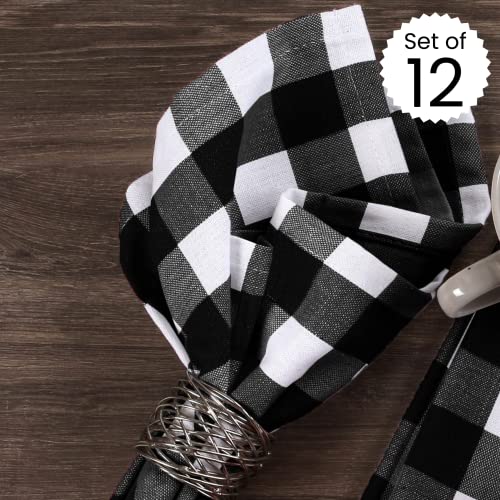 Dine N Decor Buffalo Plaid Cloth Napkins 100% Cotton - Ideal For Events Wedding Christmas Easter - Perfect Everyday Use Cloth Napkins 18X18 - Set Of 12 Gingham Check Napkins- Black White #TOP1