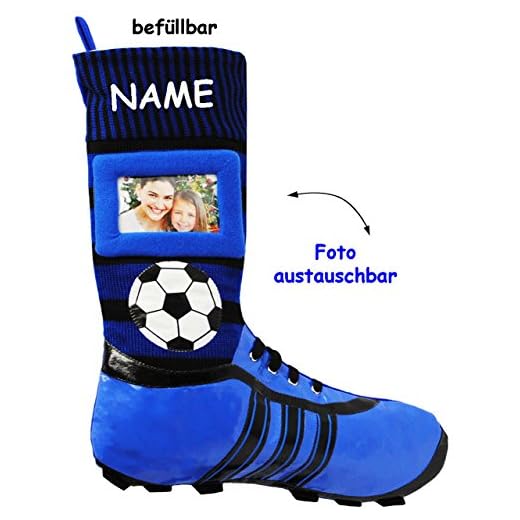 alles-meine.de GmbH 1 Stück _ XL Foto _ Filzstrumpf - 3-D Effekt - Fußballschuhe - BLAU / SCHWARZ - mit austauschbaren Foto - incl. Name - 45 cm - Fotosocke - Deko - Stollens..