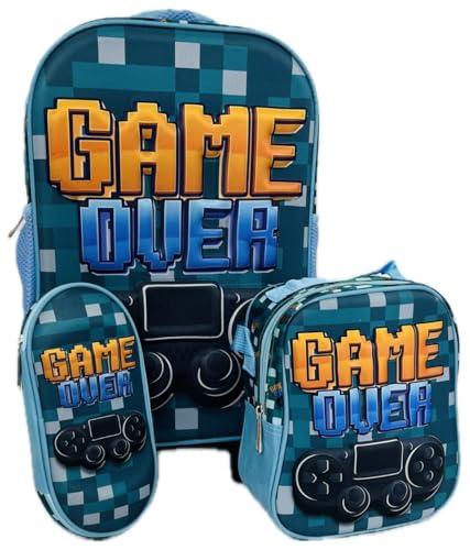Kit De Mochila Escolar Infantil Masculina Game Over Video Game Com Rodinhas Em Silicone Acompanha Lancheira Termica E Estojo Kit De Mochila Resistente