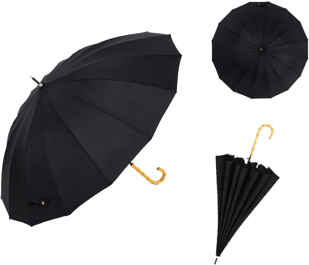 ThreeH Bamboo Stick Umbrella Auto Open Solid Color Fashionable and Simple 190T 16 Ribs,KS08 Green - Image 2